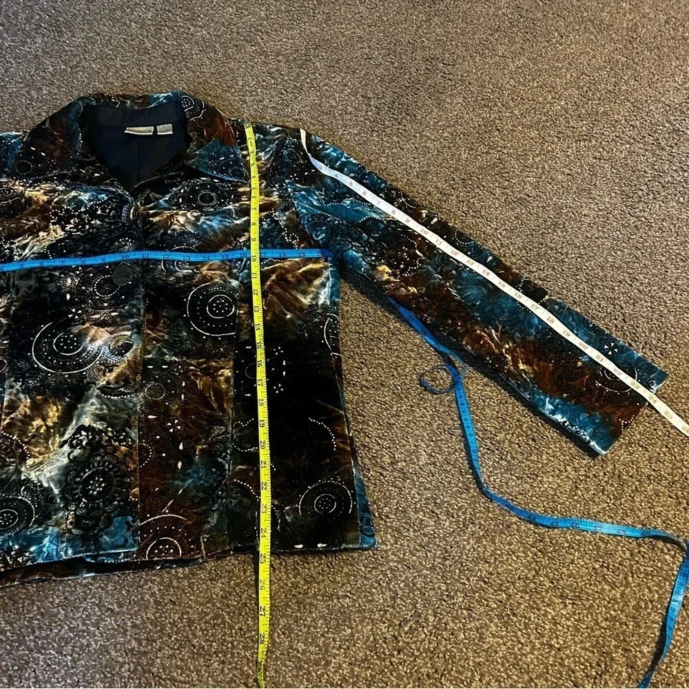 Chico's Velvet Celestial Mandala Print Blazer Teal Bronze Beaded Jacket Size‎ 2